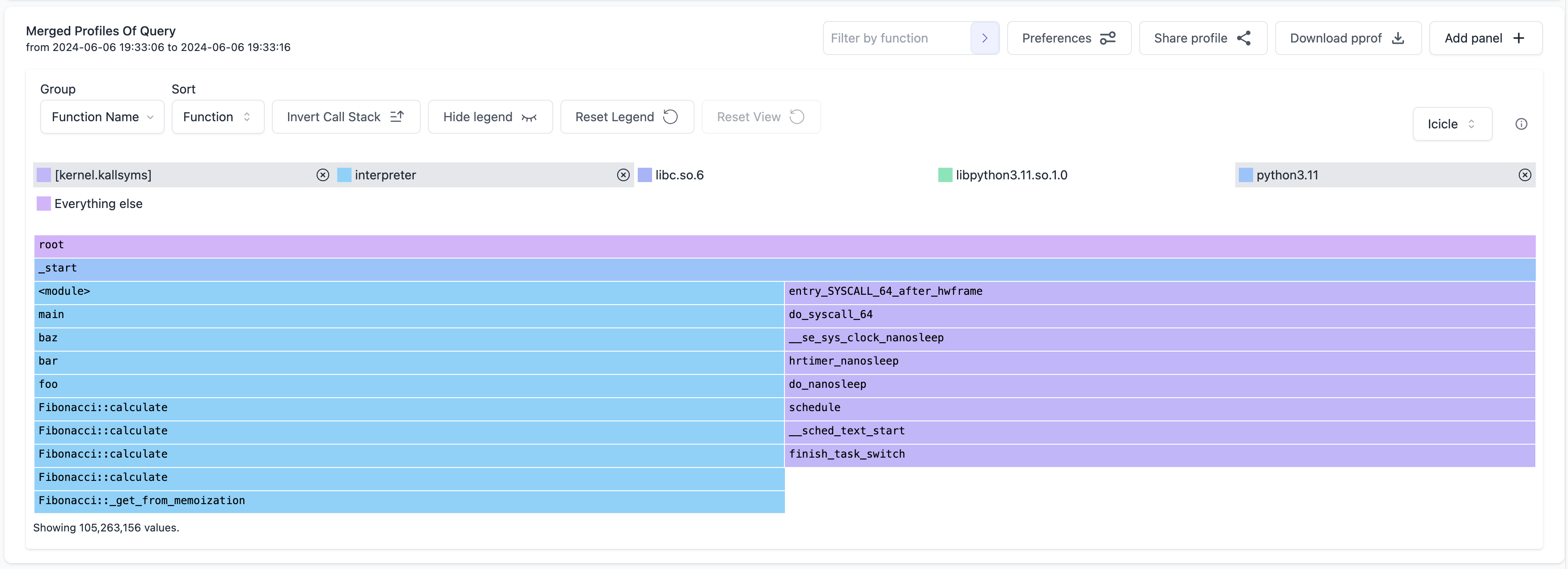 The Flame Graph being filtered by multiple binaries